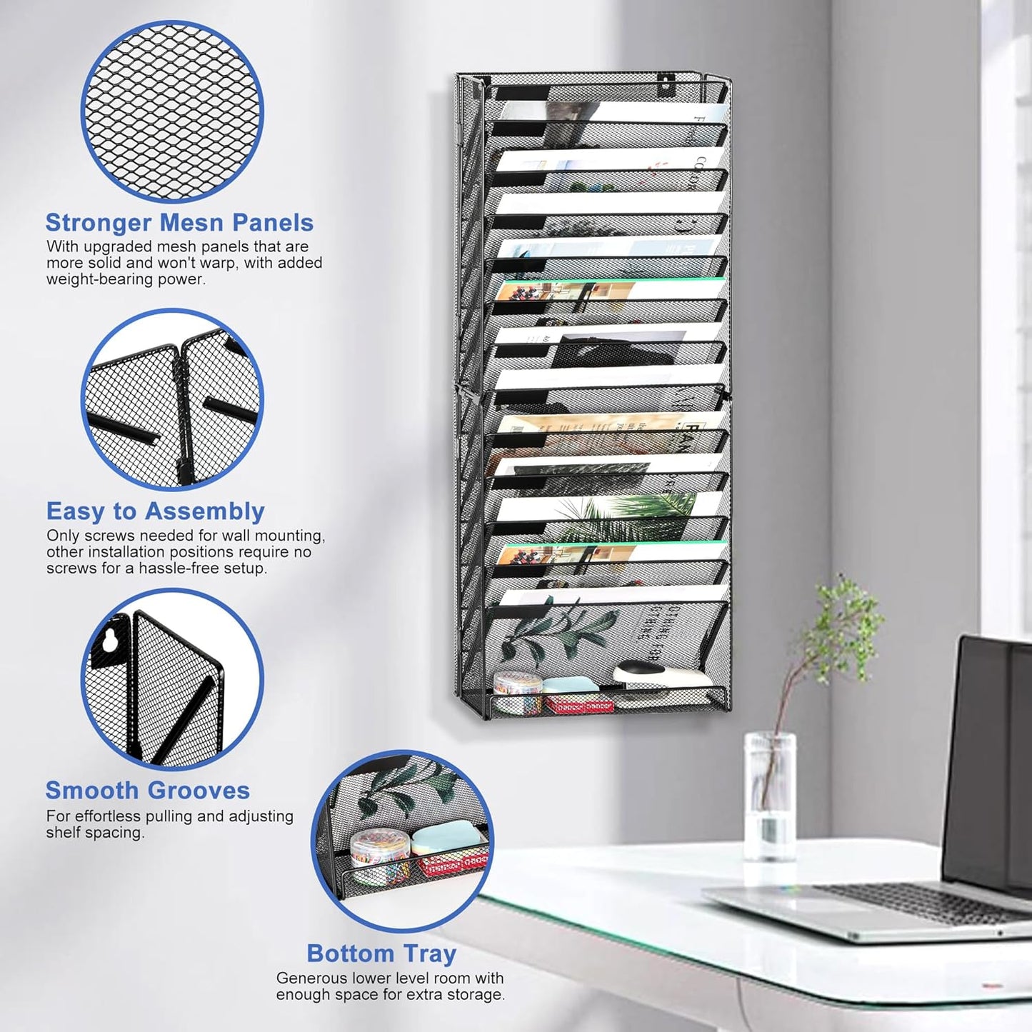 EasyPAG Wall File Holder Organizer 14 Tier Mesh Hanging Wall Mounted Document Paper Folder Filing Magazine Rack with Nametag Label for Office Home School, Black