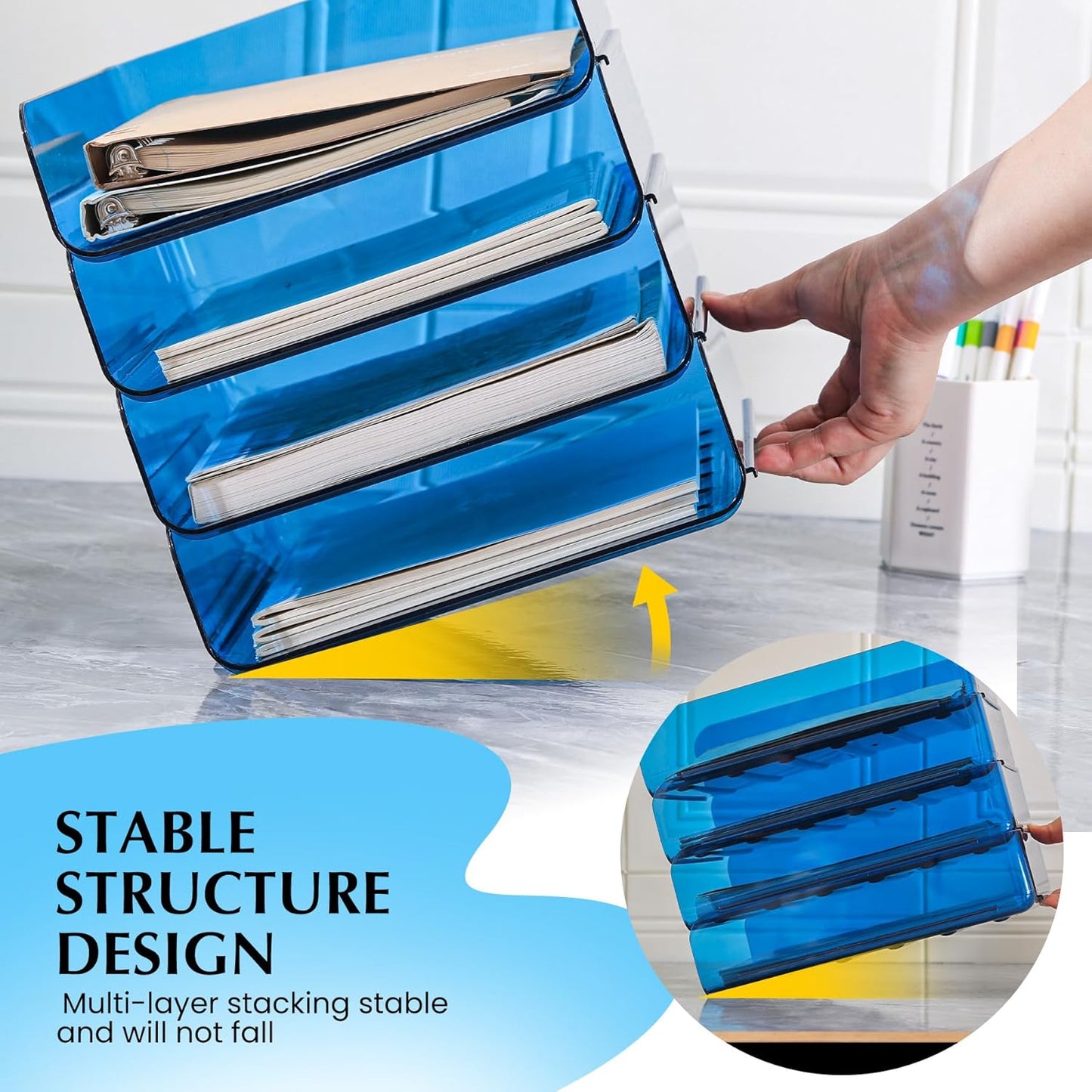 4 Pack Stackable Paper Tray Organizer File Organizer for Desk, Office Organizer and Storage for Desk Accessories, Notes, Books, File Paper, Document, Blue