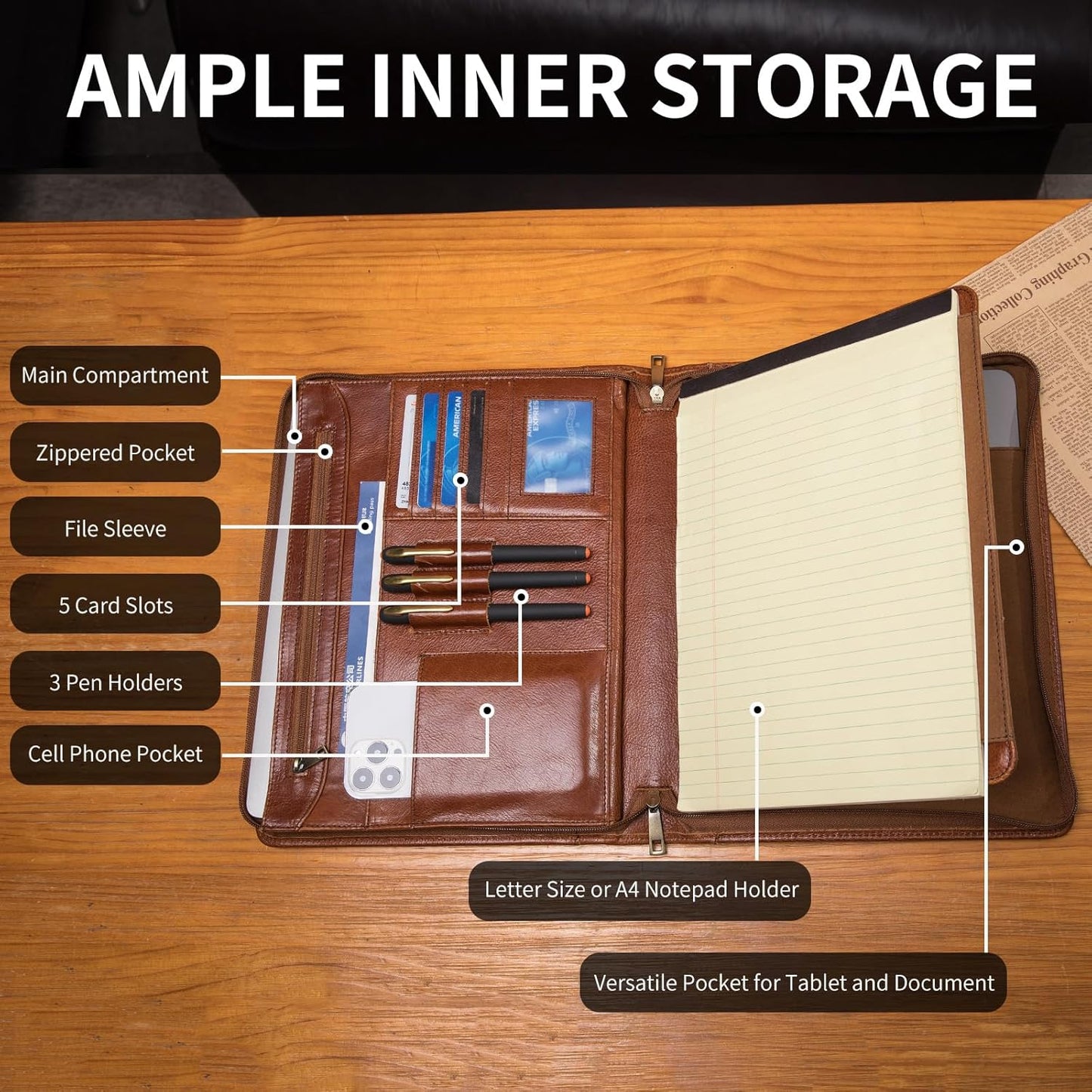 Personalized Genuine Leather Portfolio with Hidden Handle, Front Pocket, Custom Engraved Business Padfolio Tablet/13” Laptop Organizer, Professional Executive Document Folio, Brown, Oil Tanned