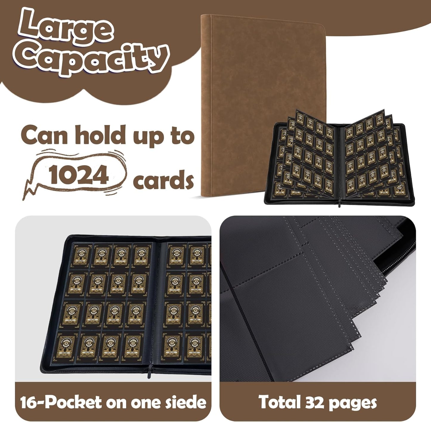 1000+ Pockets Trading Card Binder,16 Pockets Trading Card Binder Ringless Side Loading Trading Card Album Folder for TCG,MTG,Sports Cards(coffee)
