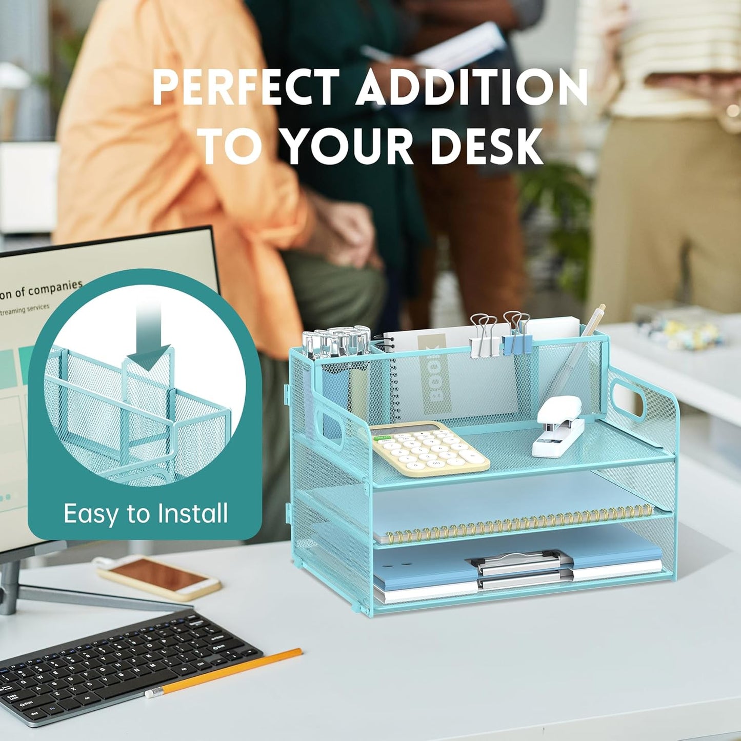 SUPEASY 3 Tier Desk Organizer with Handle & 3 Pen Holders, Mesh Paper/File Organizer for Desk, Paper Letter Tray Organizer for Office Supplies (Light Blue)