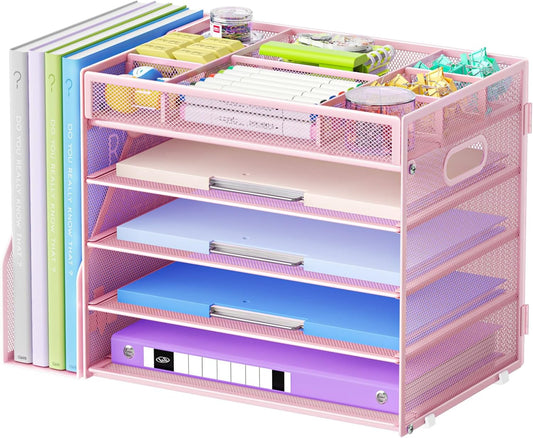Marbrasse 5-Tier Desk Organizer with File Holder,Paper Letter Tray Organizer,Desktop File Organizer with Adjustable Compartments,Mesh Desk Organizers and Accessories for Office Supplies,Pink