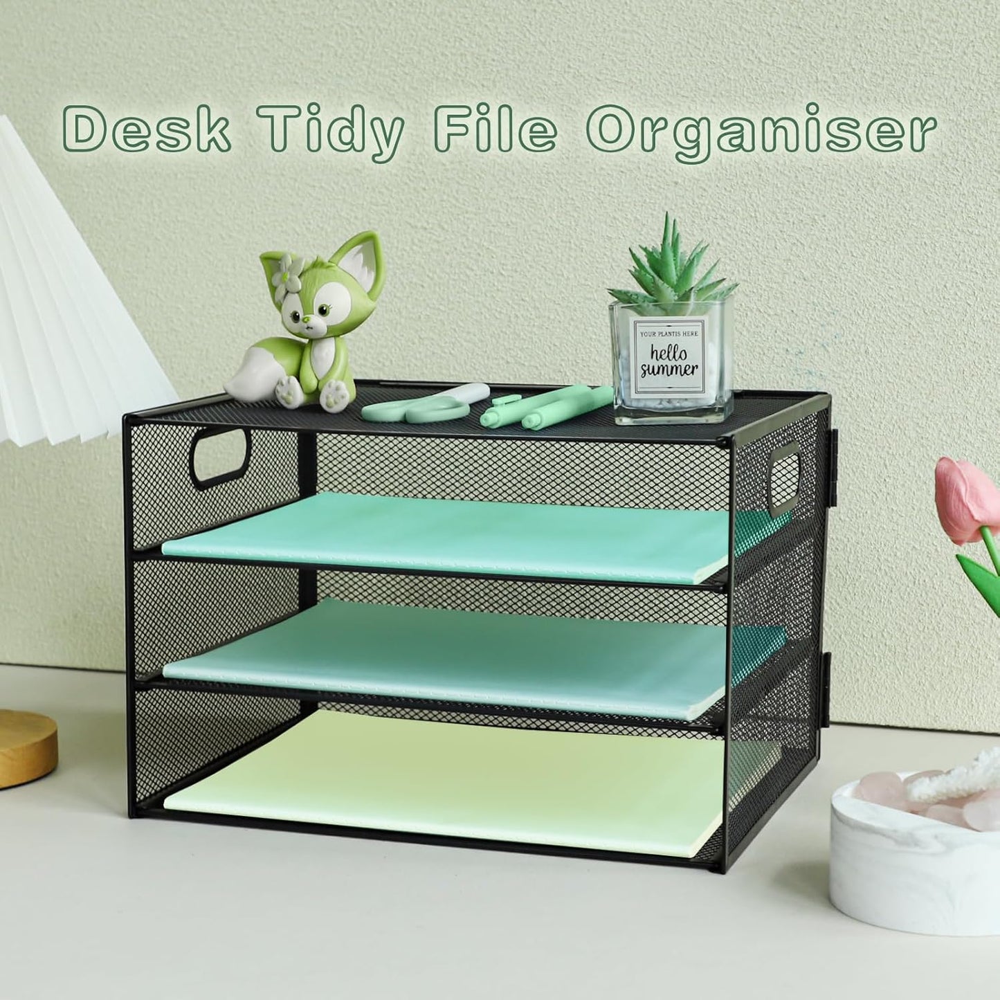 Paper Letter Tray with Handle, 3 Tier Metal Mesh Desk File Organizer, A4 Paper Desktop Filing Trays, Desk Tidy Magazine Document Holder for Home Office, Black