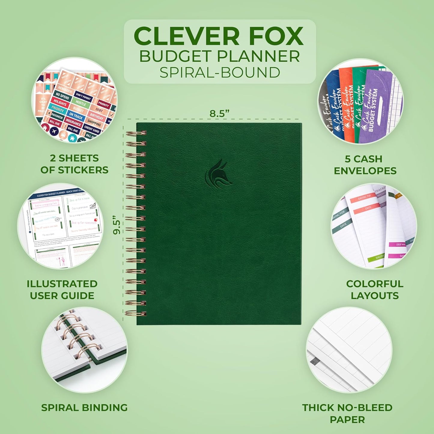 Clever Fox Budget Planner – Coiled Finance Book, Monthly Financial Journal, Budgeting Organizer & Expense Tracker Notebook, 8.5x9.5″ (Dark Green)