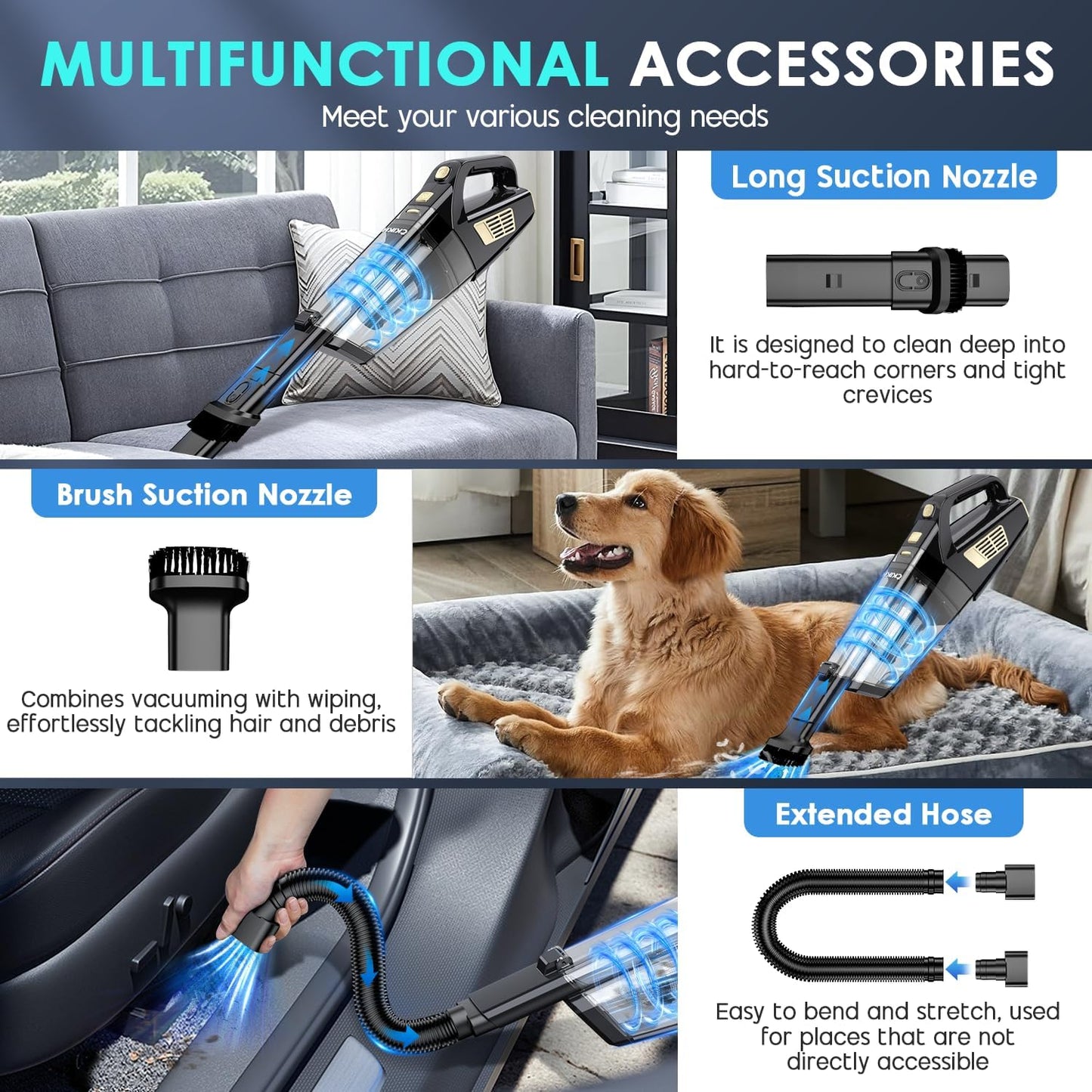 Handheld Vacuum Cordless, 15000PA Strong Suction Hand Held Car Vacuum Cleaner Portable with Multi-Nozzles & Washable Filter, Lightweight Dust Busters Rechargeable for Home, Car, Office, Pets