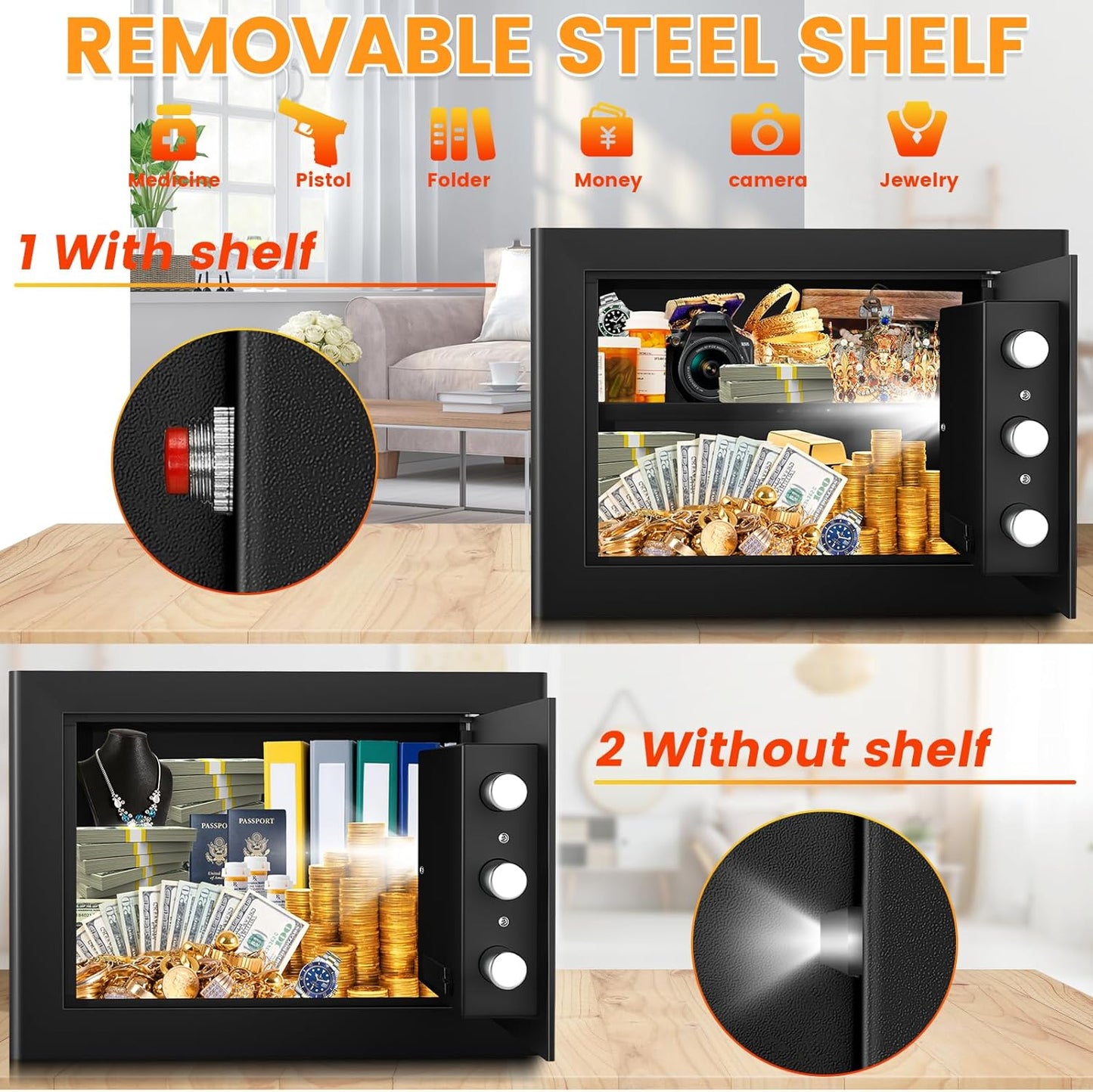 1.2 Cu ft Fireproof Safe Box for Home Use, Fire Safe with Fireproof Document Bag, Digital Security Safe with Combination Lock, Home Safes Fireproof Waterproof for Money Jewelry Medicine Documents