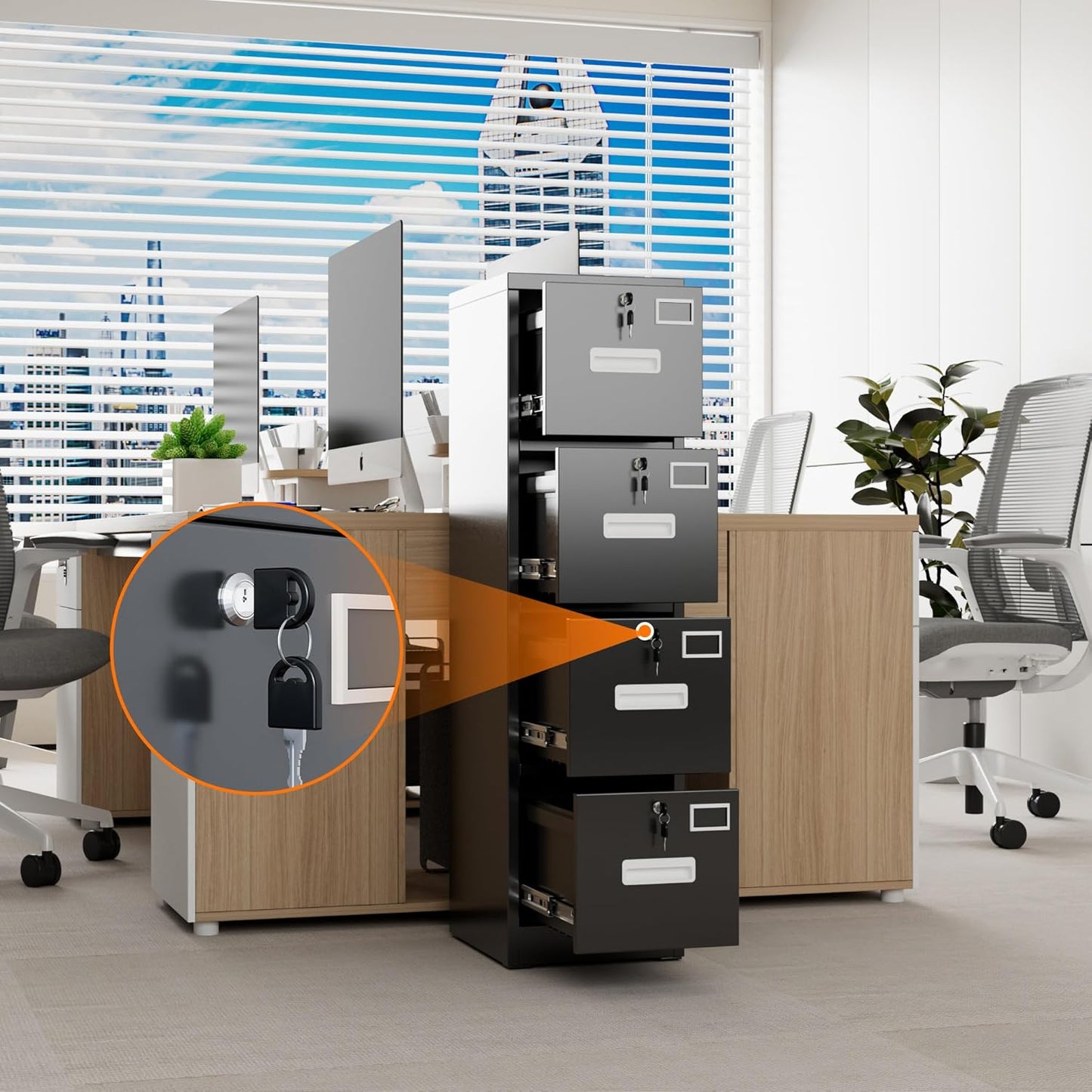 4 Drawer Metal Vertical File Cabinet with 4 Independent Locks, Home Office File Cabinet with Card Holder for Letter/Legal/A4 Folders, Black Filing Cabinet, Assembly Required, 4 Drawers