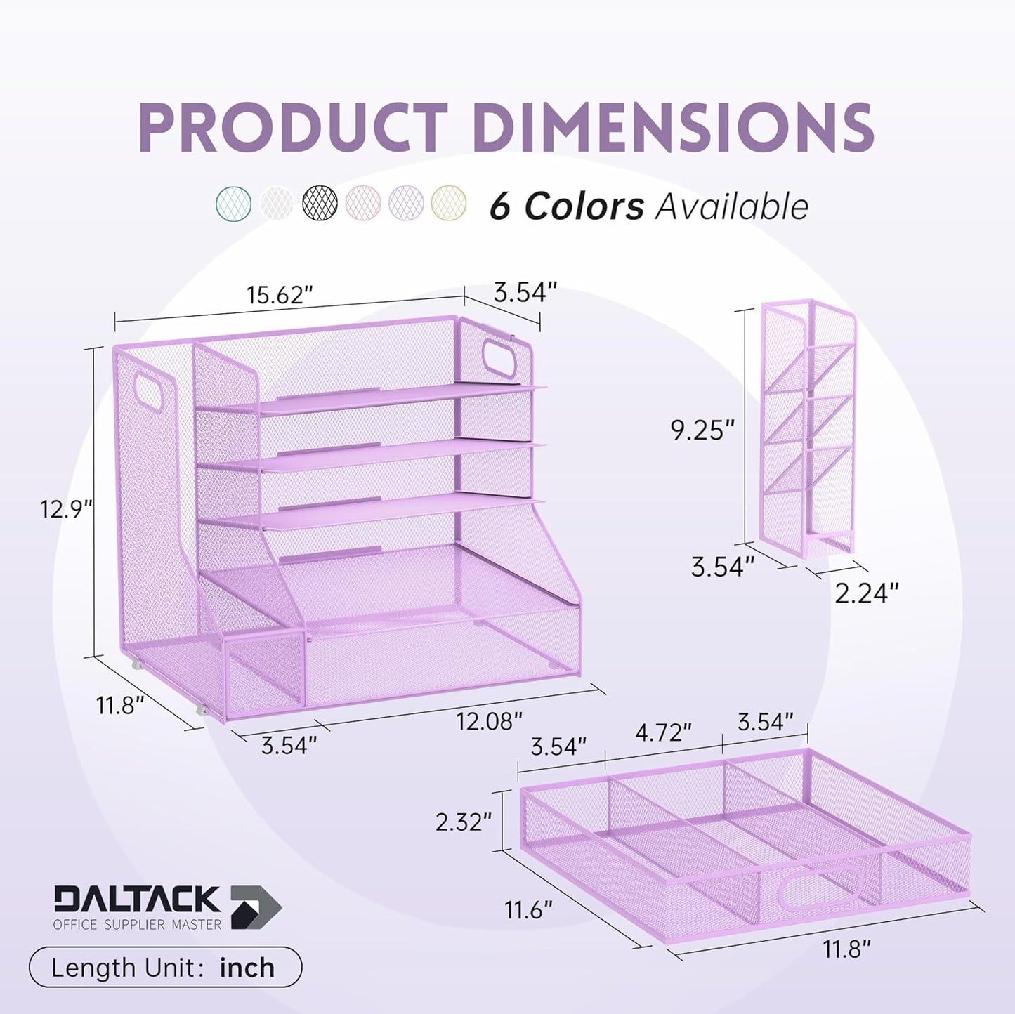 DALTACK Mesh Desk Organizer, 5-Tier Paper Letter Tray with File Holder & Pen Holder & Sliding Drawer, Desktop Organizer and Storage for Desk Accessories Office Supplies, Purple