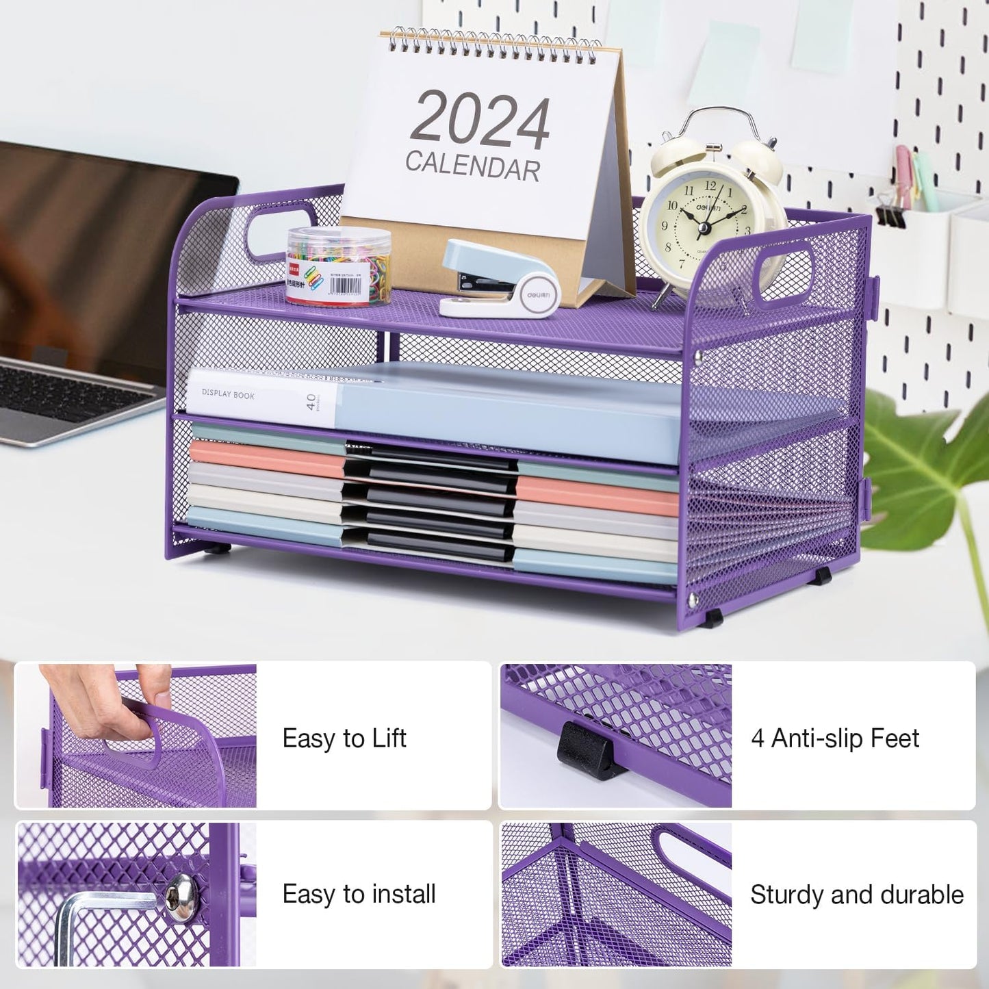 3-Tier Letter Tray Paper Organizer with Handle,Compact Mesh Desk File Organizer for Home Office Supplies Desktop Accessories,Purple