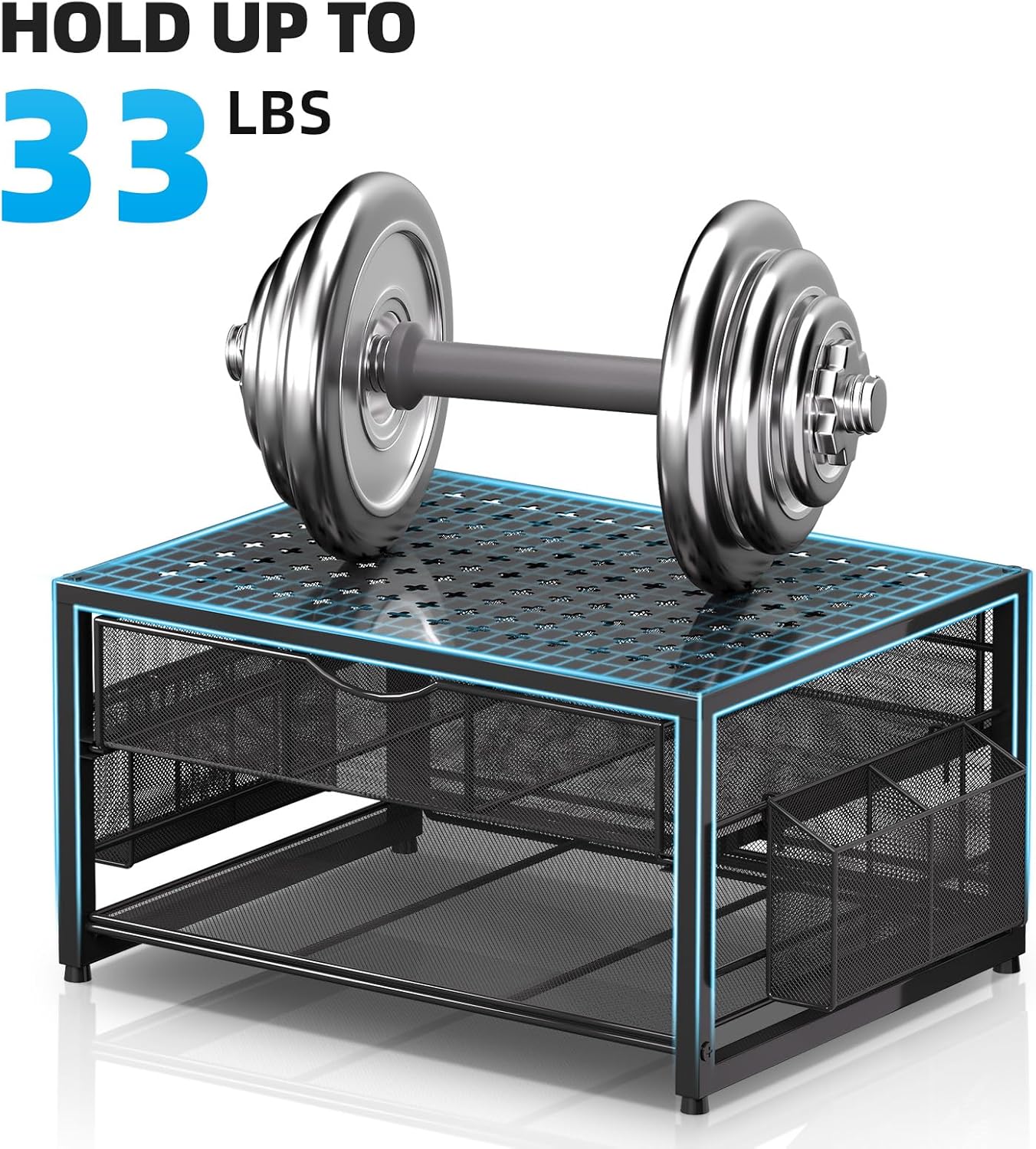 Marbrasse Metal Printer Stand for Desk with Storage Drawer and 2 Pen Holders, 2-Tier Desktop Organizer Printer Table for Home Office, Multi-Purpose Desk Organizer for Fax Machine Scanner Files(Black)