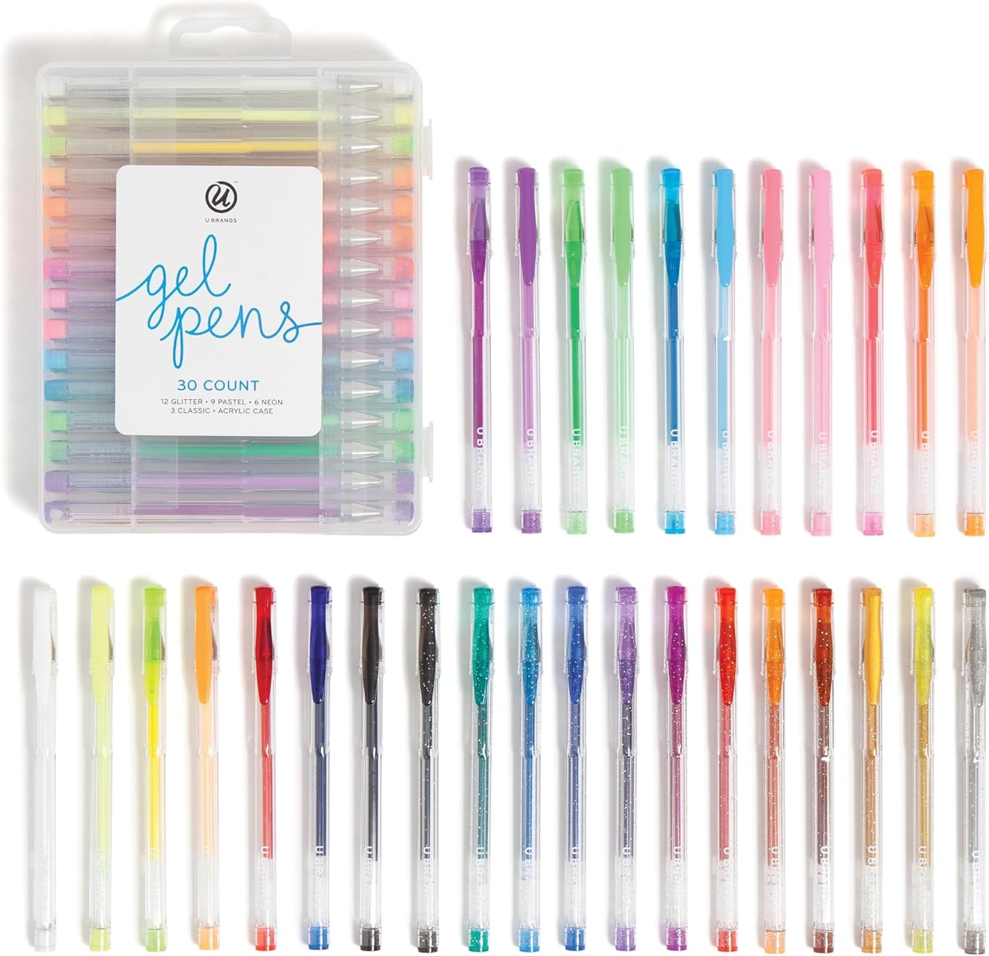 U Brands Metallic Gel Pens, Set of 30, Assorted Point Sizes, Glitter, Pastel, Neon and Classic Assorted Colors