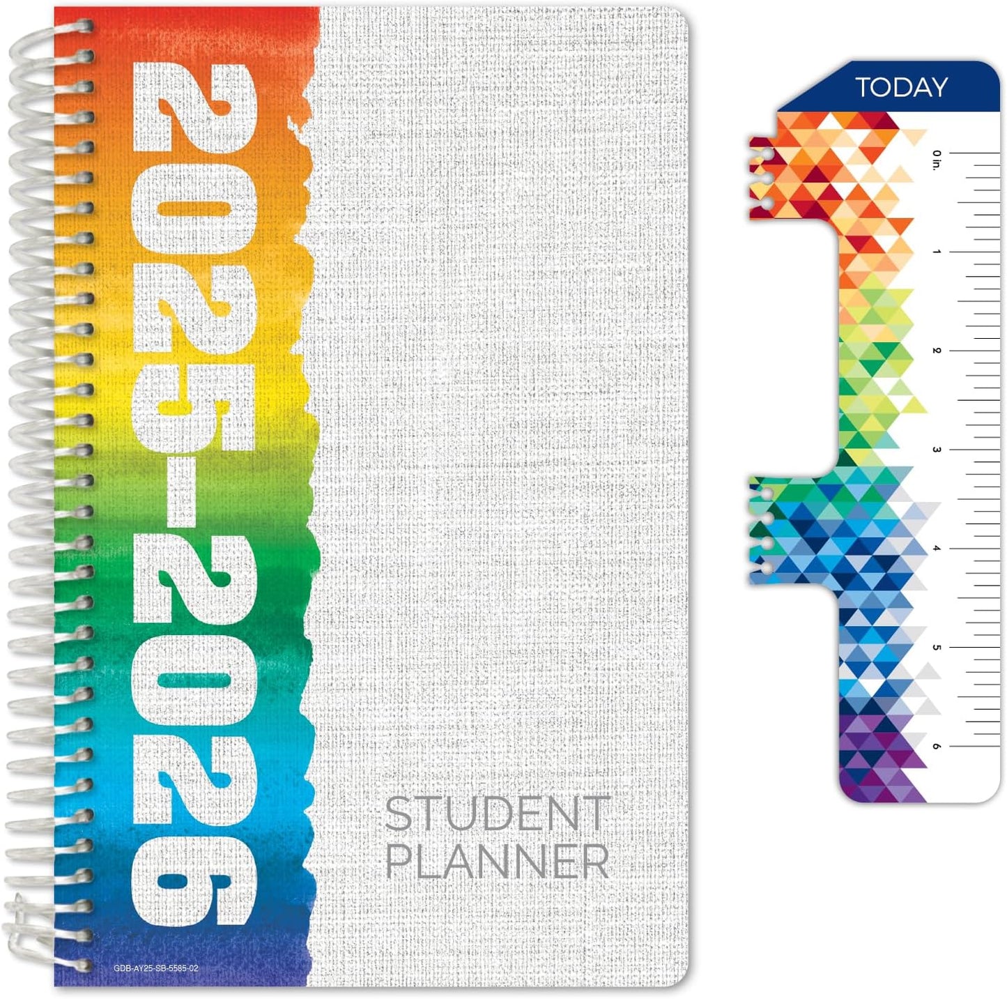 Global Datebooks Dated Middle School or High School Student Planner for Academic Year 2025-2026 Includes Ruler/Bookmark and Planning Stickers (Block Style - 5.5"x8.5" - Rainbow Linen)