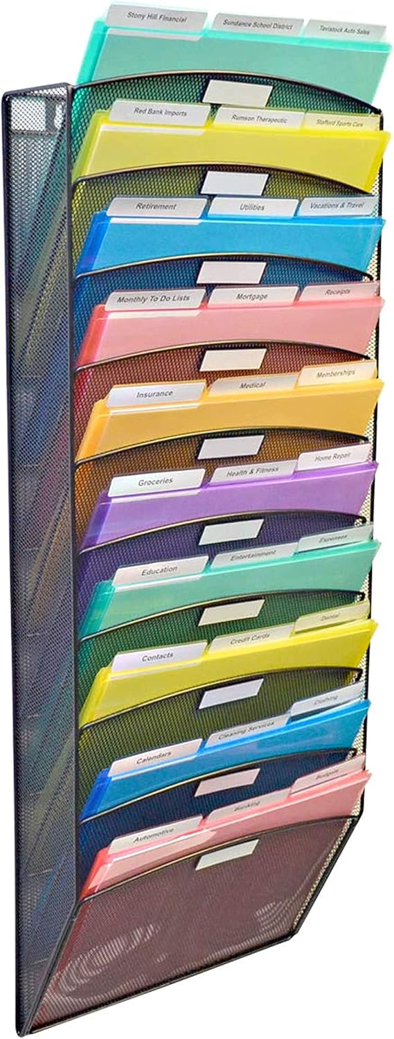Ultimate Office Mesh Wall File Organizer, 10 Tier Vertical Mount Hanging File Sorter. Multipurpose Display Rack Includes 18, 3rd Cut PocketFile Clear Document Folder Project Pockets (Black)