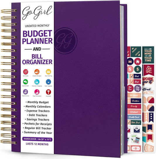 GoGirl Budget Planner & Monthly Bill Organizer – Monthly Financial Book with Pockets. Expense Tracker Notebook Journal, Large (Purple)
