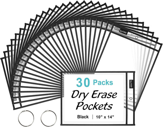 SUNEE 30 Packs Oversized Reusable Dry Erase Pocket Sleeves with 2 Rings, Black 10x14 Ticket Holders, Clear Plastic Sheet Protectors, Teacher School Classroom Supplies