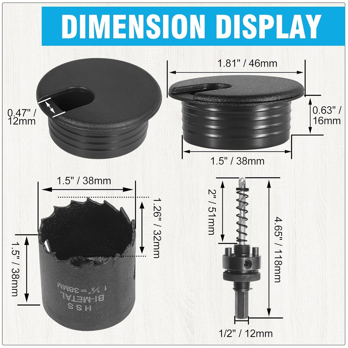 1-1/2" Black Desk Grommet with Bi-Metal Hole Saw, JTemgle Plastic Cable Hole Cover Computer Table Cord Wire Organizer Caps, Desktop Cord Management for Home Office TV Stands Tabletops, 7 Pieces