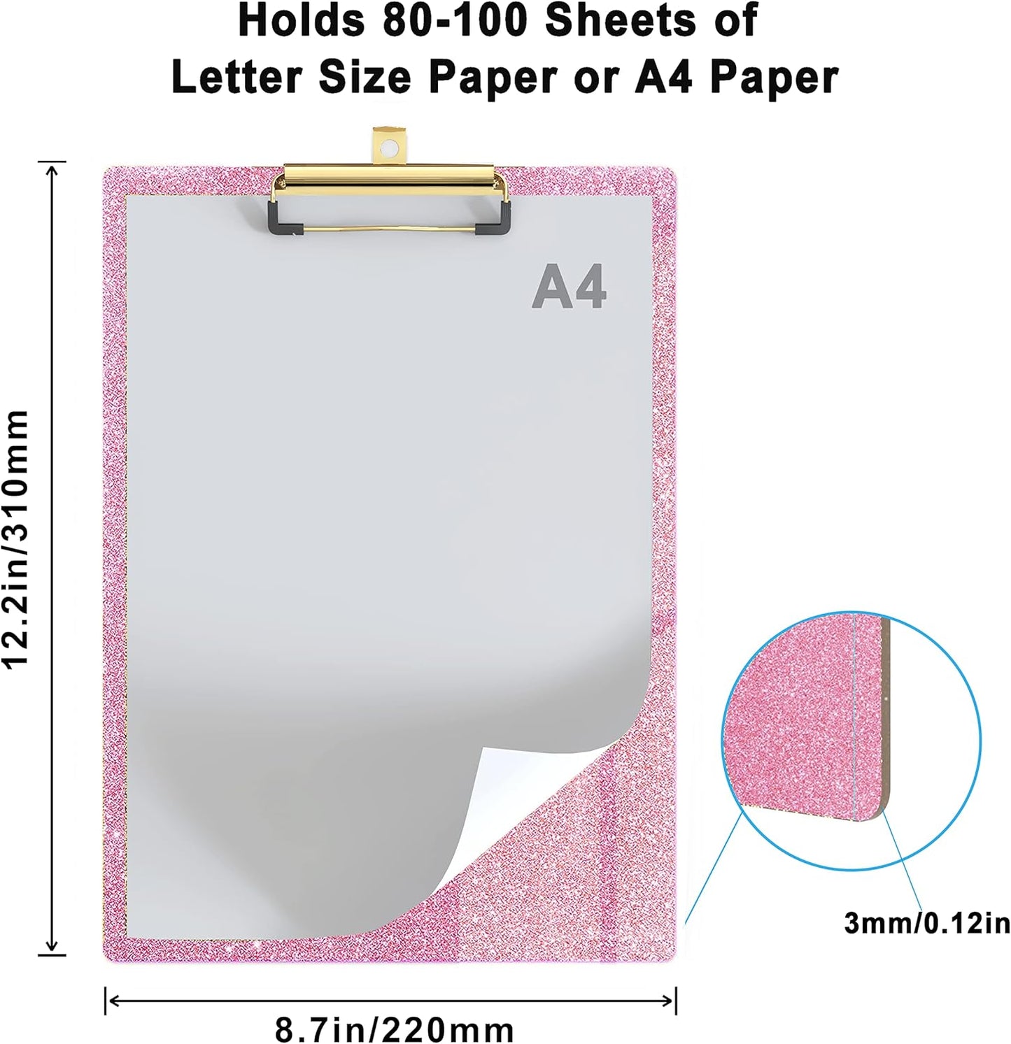 Glitter Acrylic Clipboard Decorative Standard A4 Letter Size 12.2" x 8.7", Fashion Bling Clip Boards with Designed Low Profile Gold Clip for Classroom Office - Warm Pink