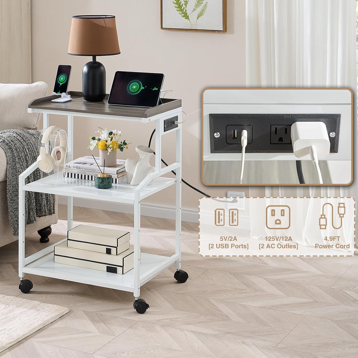 Lauren&Harold 34'' Printer Stand with Power Outlets & USB Ports, 3-Tier Adjustable Rolling Cart, Heavy Duty 150LBS Storage Table with Wheels for Office, Kitchen, Living Room, White