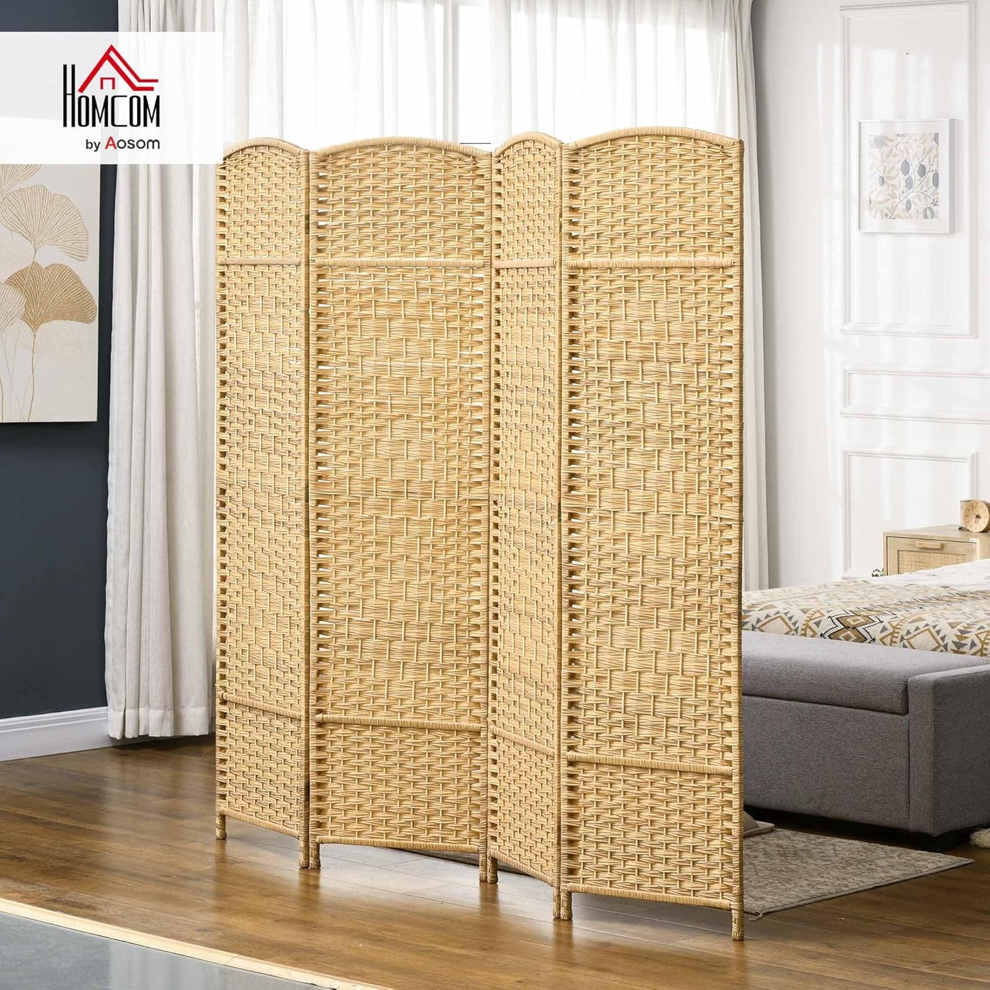 HOMCOM 4 Panel Room Divider, 6' Tall Folding Privacy Screen, Hand-Woven Freestanding Wood Partition for Home Office, Bedroom, Nature Wood