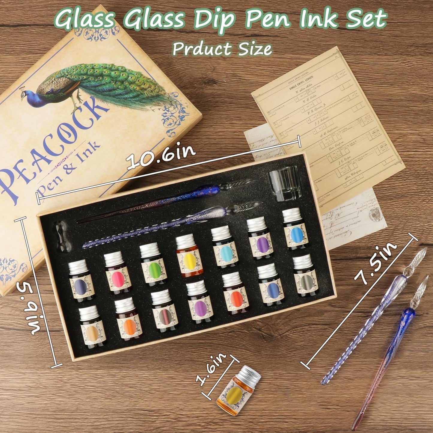 Calligraphy Pens, Dip Pen Set with 14 Color Inks, Glass Writing Instrument for Beginners