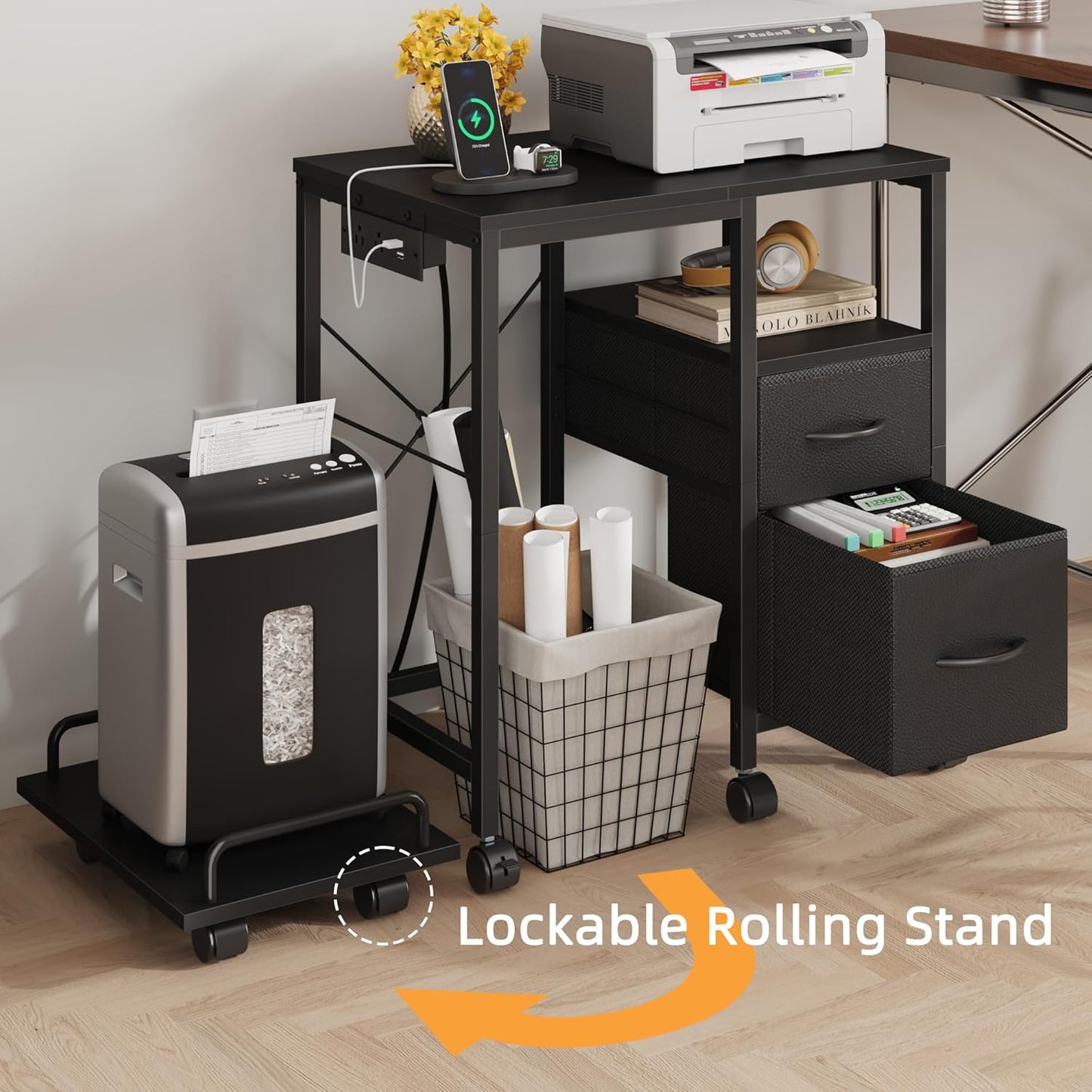 Printer Stand with Power Outlet/Fabric Drawers, Printer Cabinet with Storage Shelf and Rolling Shredder Stand, Printer Table for Home Office, 22.8"×15" Black