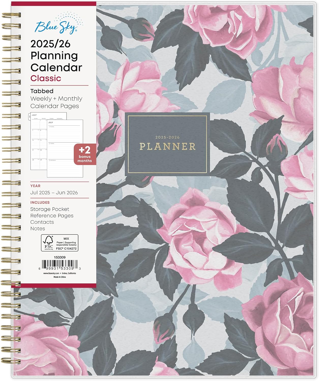 Blue Sky 2025-2026 Weekly and Monthly Academic Year Planner Calendar, July 2025 - June 2026, 8.5" x 11", Flexible Cover, Wirebound, Storage Pocket, Laminated Tabs, Roosevelt Pink