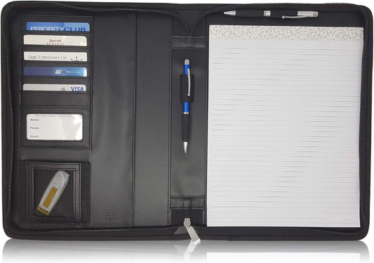 Matt Black Zippered Portfolio Binder - Lean PU Leather Business Executive Portfolio Organizer Folder - Padfolio for Men & Women with US Letter Notepad & Gift Box by Lautus Designs