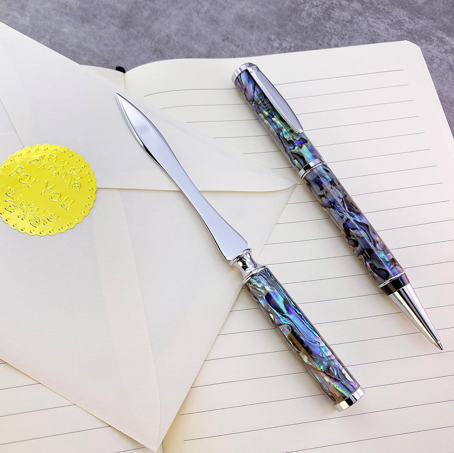 LACHIEVA LUX Luxury Abalone Shell Ballpoint Pen & Letter Opener Set, Elegant Gift for Men & Women, Great for Christmas and Special Occasions