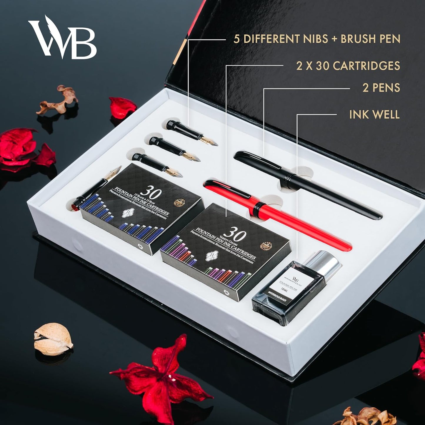 Wordsworth and Black Calligraphy Pen Set - Black - Includes 2 Calligraphy Pens, 18 ML Ink Bottle, 60 Ink Cartridges, Ink Refill Converter, 1 Medium and 4 Broad Nibs, Brush Pen