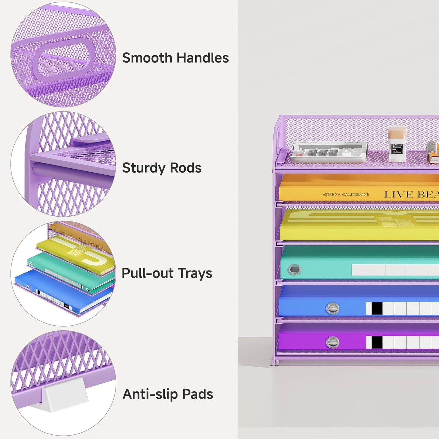 6 Tier Paper Organizer with Handle, Metal Desk Organizer Mesh Paper Letter Tray Desktop File Folder Document Sorter for Classroom, School, Office Accessories Organization and Storage - Purple