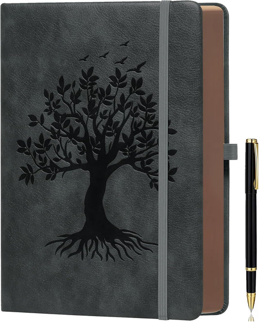ZXHQ A5 360 Pages Lined Journaling Notebooks with Pen, Journals for Women Men Writing Notebook, Tree of Life Design, Brown Edge Fine Inner Pocket - Dark Grey