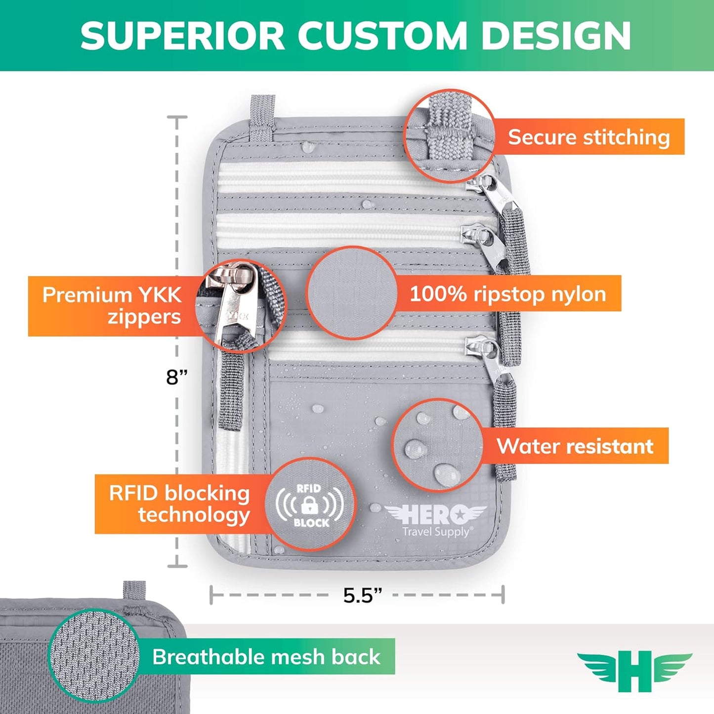 HERO Neck Wallet, RFID Blocking Passport Holder, Easy to Conceal and Pouch