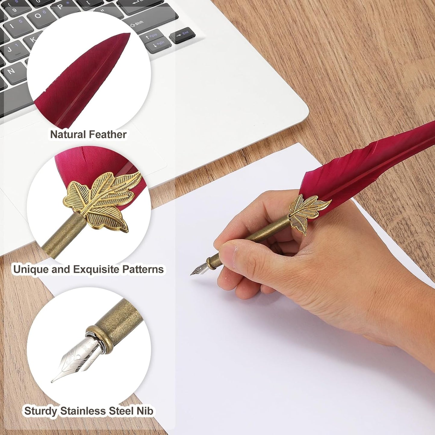 PATIKIL Feather Quill Pen Set, 1 Set Vintage Feather Calligraphy Pen Fountain Dip Pen Set with Ink, Pen Holder and Replacement Nibs for Beginner Writer Writing Gift, Dark Red(Silver Box)