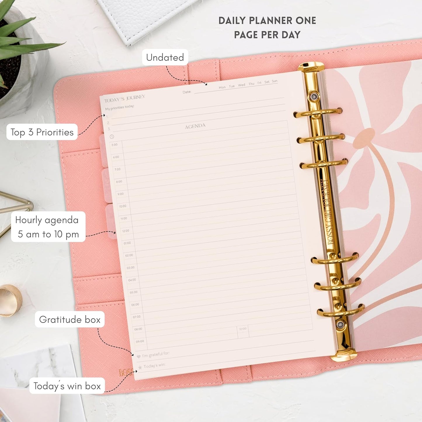 Bossy Girl Journey - A5 Daily Planner Binder – Undated Time Blocking Refillable Organizer for Women with 110gsm Paper, PU Leather Cover, Stickers, Dividers, Pen Loop, Gift Box – Goal Setting & Productivity (Rose)