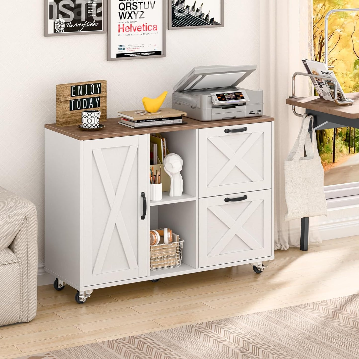 Lateral File Cabinet with 2 Drawers and Door, Mobile Farmhouse File Cabinet for Letter/A4 Size Hanging Files, Large Wood File Storage Cabinets Printer Stand for Home Office, White