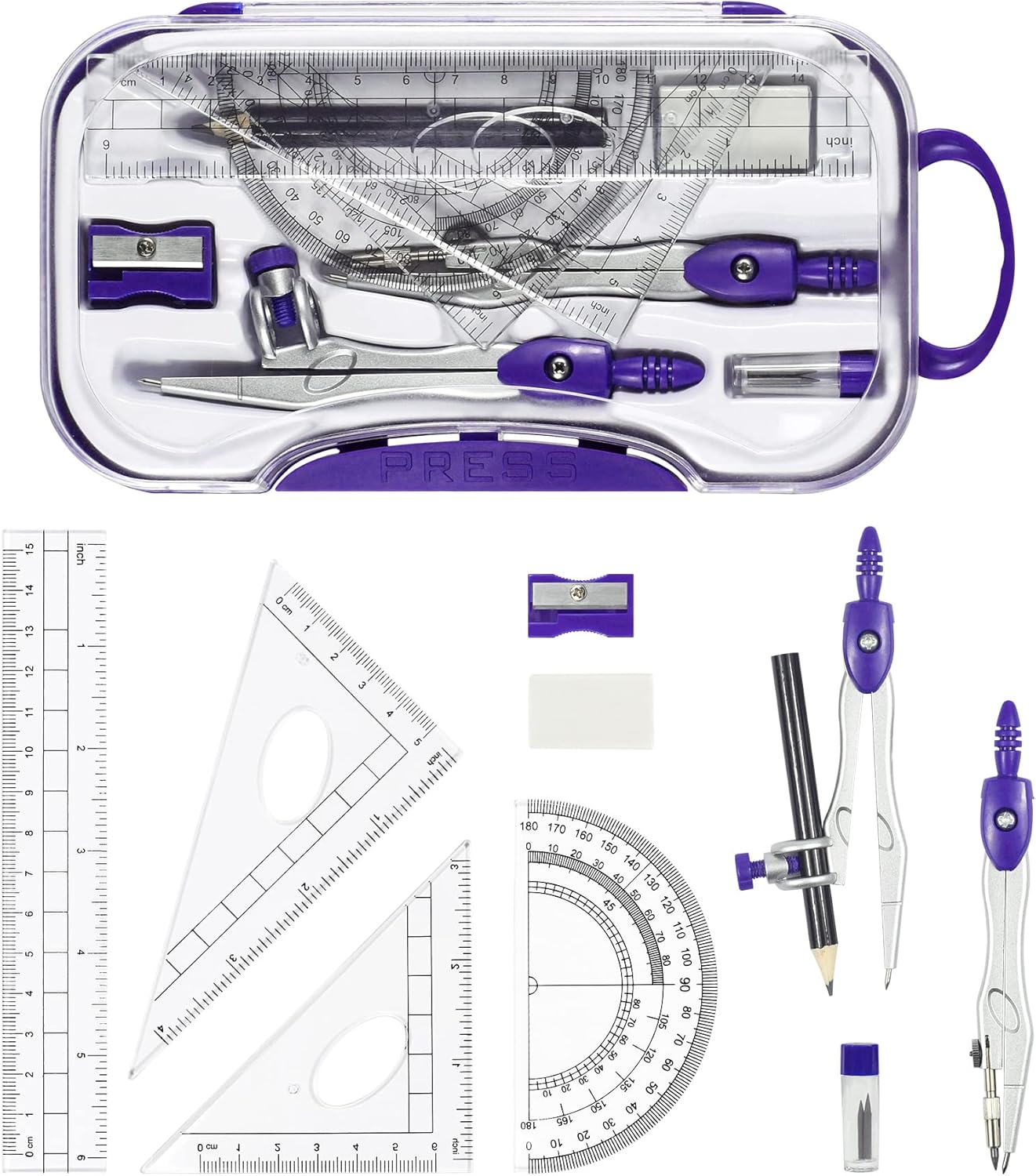 Math Geometry Kit Sets 10 Piece Student Supplies with Shatterproof Storage Box,Includes Rulers,Protractor,Compass,Eraser,Pencil Sharpener,Lead Refills,Pencil,for Drafting and Drawings（Purple）