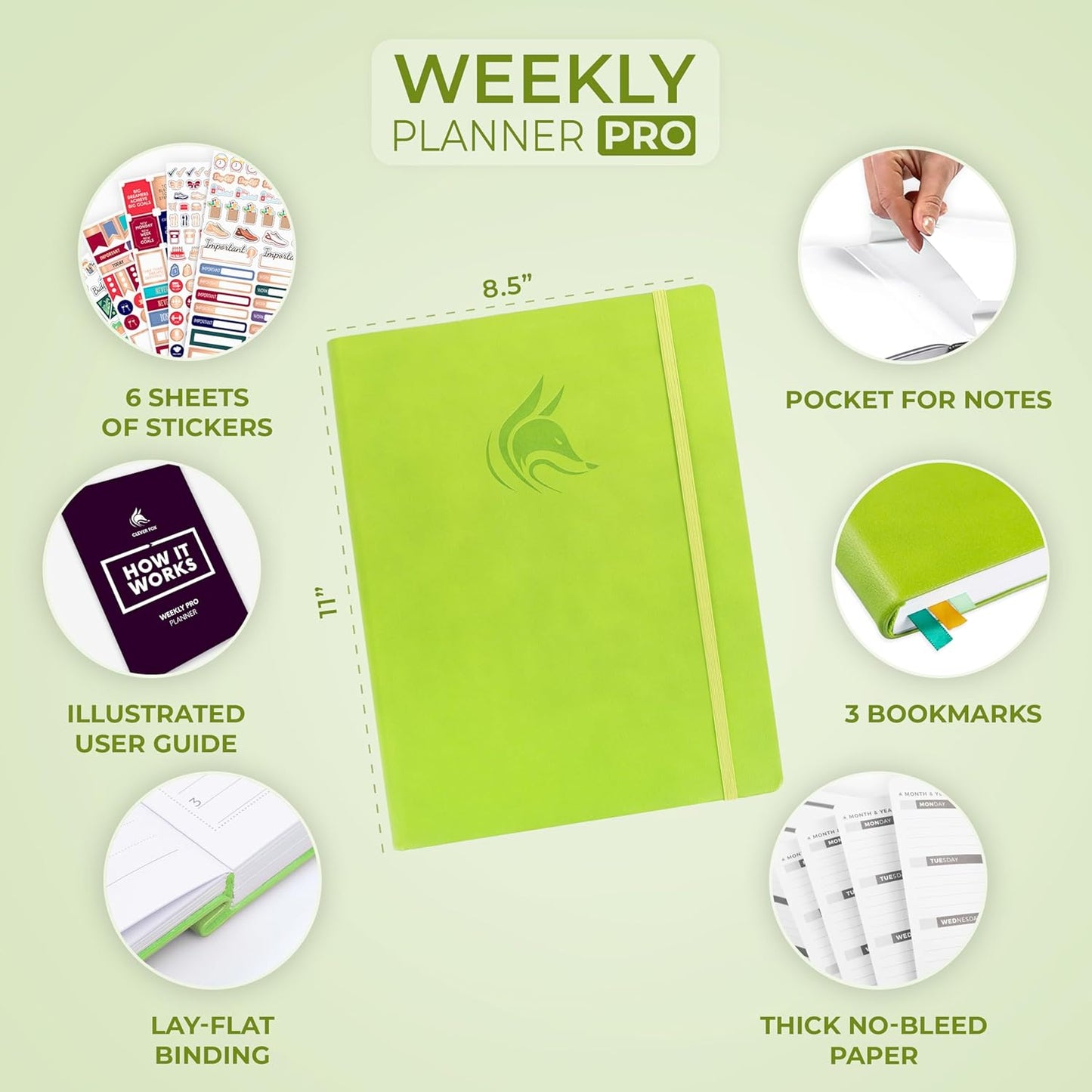 Clever Fox Planner PRO – Weekly & Monthly Life Planner to Increase Productivity, Time Management and Hit Your Goals, 8.5x11″ (Lime Green)
