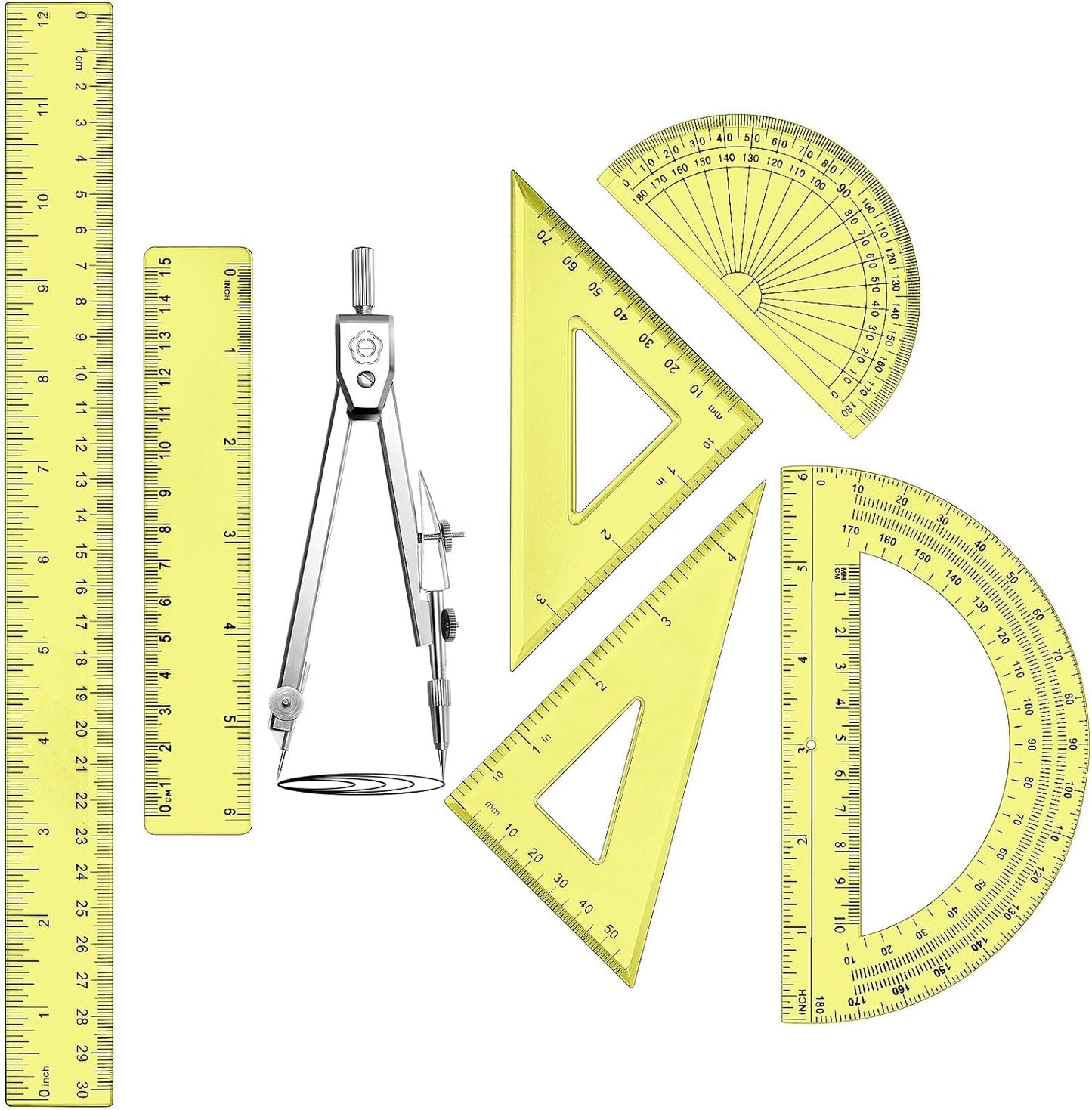 Zonon 1 Set Plastic Geometry Math Set Includes Drawing Compass, 6 Inch 4 Inch Protractor, 45/60 Degree Triangle Rulers 12 Inch 6 Inch Math Ruler Transparent for Office Supplies(Yellow)