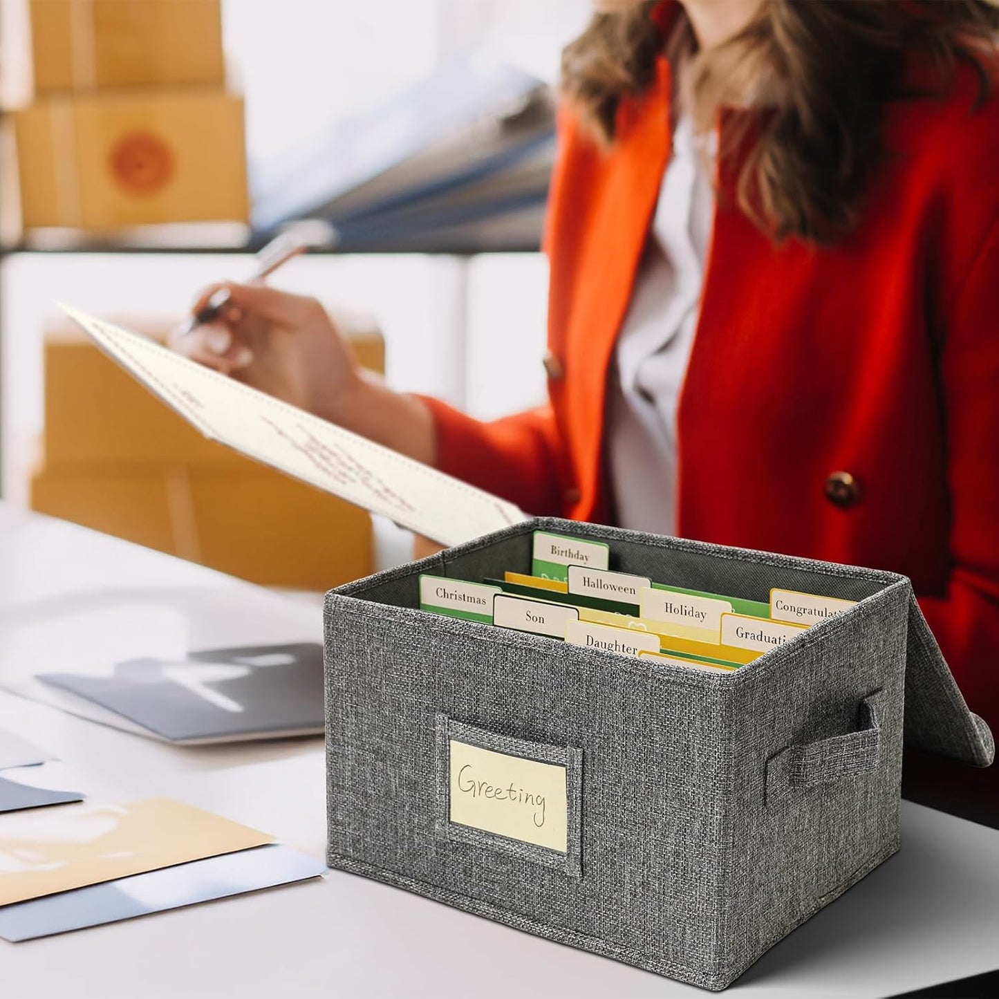 Vienrose Greeting Card Organizer Storage Box with 20 Removable Dividers, 84 Self-stick Labels, Perfect for Photos, Envelopes, Scrapbooking, Paper, Stickers Holder 1 Pack Grey