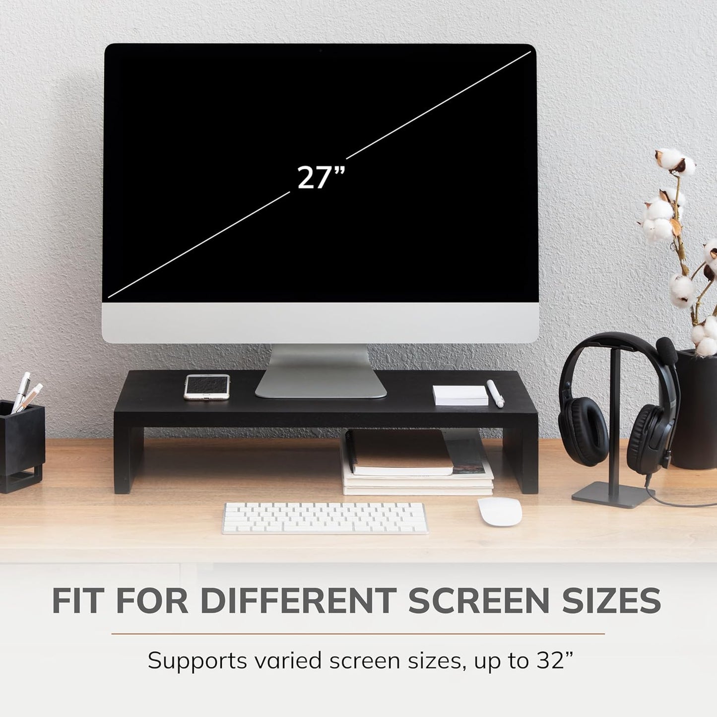 Anji Mountain Wooden Monitor Stand - Elegant Monitor Riser, Perfect Monitor Stand for Desk Organization, Durable Wood Construction monitor stands, Enhances Ergonomics and Workspace Efficiency,Black