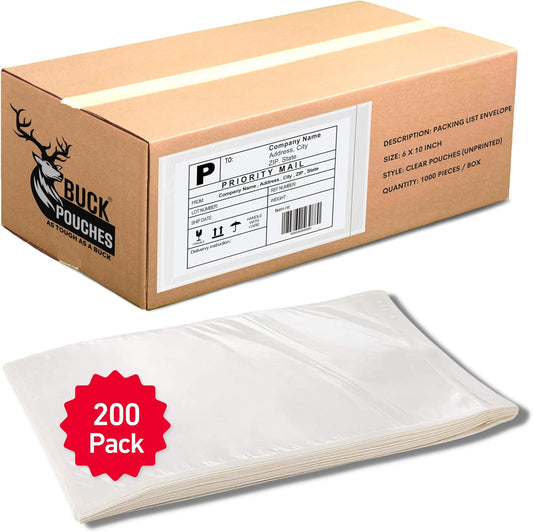 200 Pack 6"x10" Shipping Label Sleeves – Clear Self-Adhesive Packing Slip Pouches, Waterproof Packing List Envelopes – Ideal for Shipping Documents, Mailing Labels, Invoices & Packing Slips