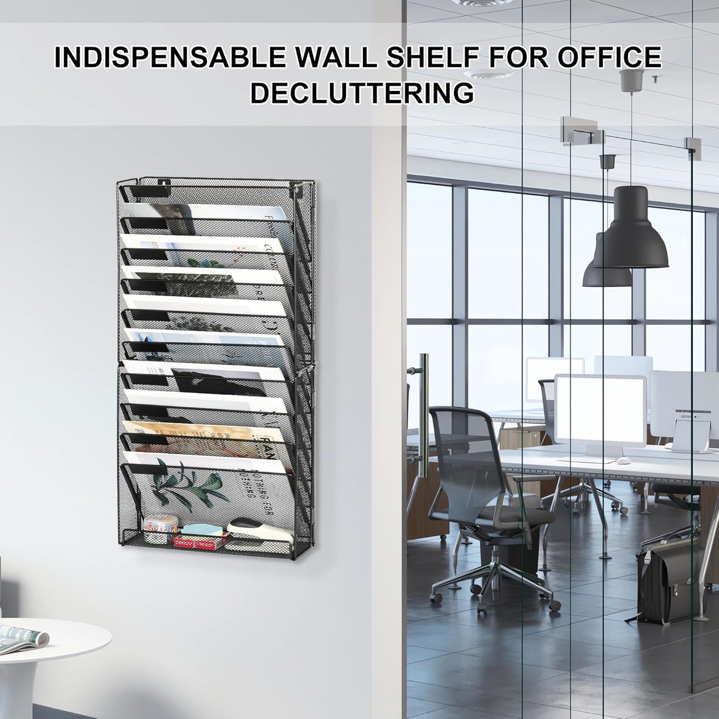 EasyPAG Wall File Holder Organizer 11 Tier Mesh Hanging Wall Mounted Document Paper Folder Filing Magazine Rack with Nametag Label for Office Home School, Black