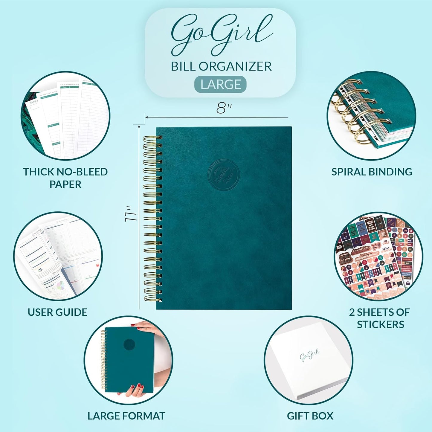 GoGirl Budget Planner & Monthly Bill Organizer – Monthly Financial Book with Pockets. Expense Tracker Notebook Journal, Large (Dark Teal)