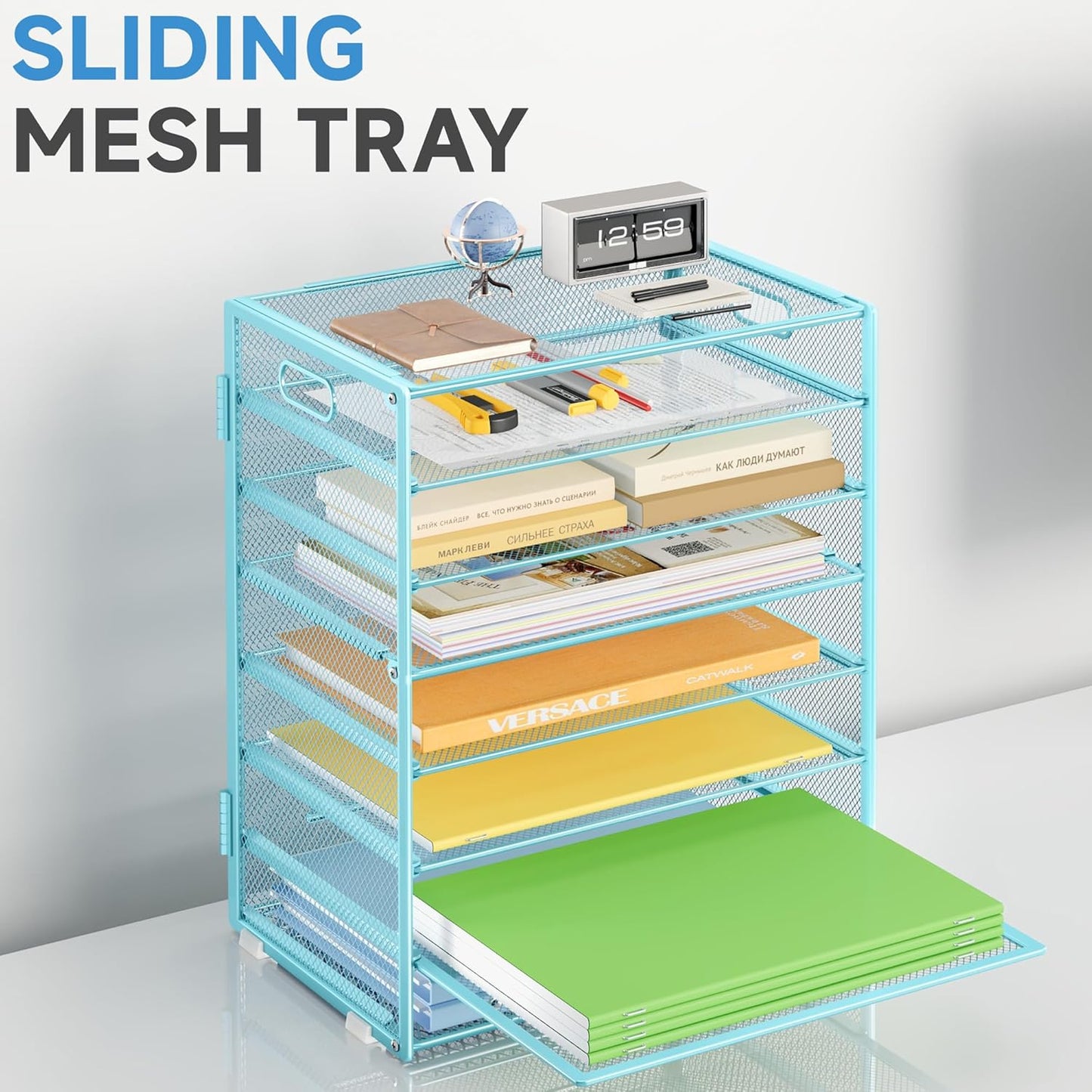 8 Tier Paper Organizer with Handle, Metal Mesh Desk File Organizer, Large Capacity Desk Organizers Paper Letter Tray Desktop Document Sorter for Office, Home or School - Blue