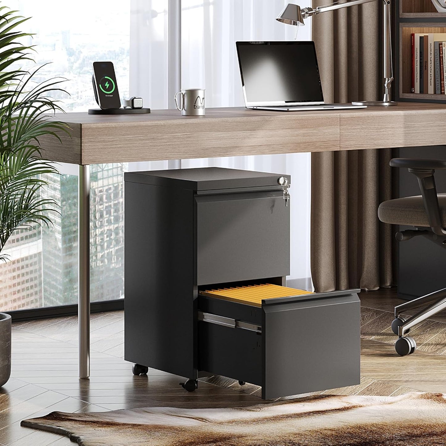 DEVAISE 2 Drawer Metal File Cabinet, Fully Assembled, Under Desk, Black, Lock, Fits Letter/Legal/A4 Size Files