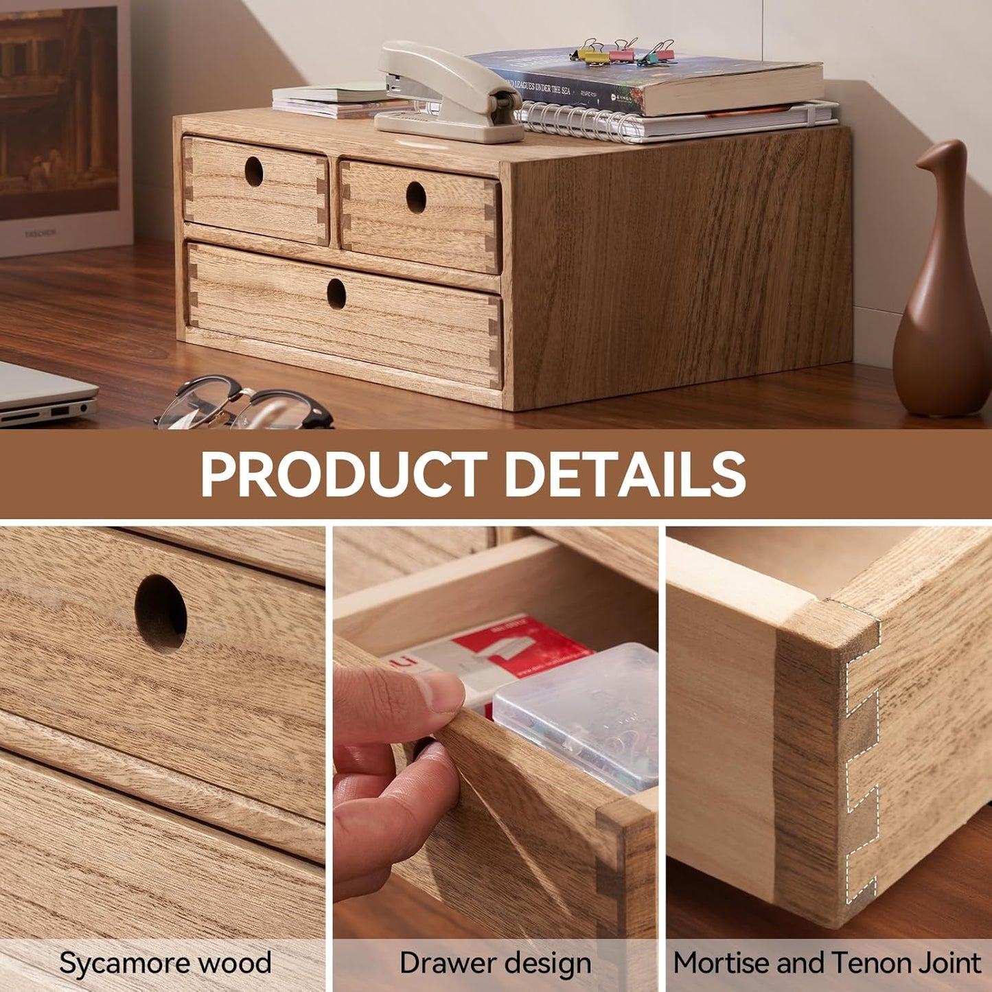 Kirigen Wooden Desktop Organizer - Office Supplies Filing Tidy Storage Shelf - Storage Cabinet/Jewelry Organizer with 3 Drawers(BR, 2-Layer &3 Drawers)