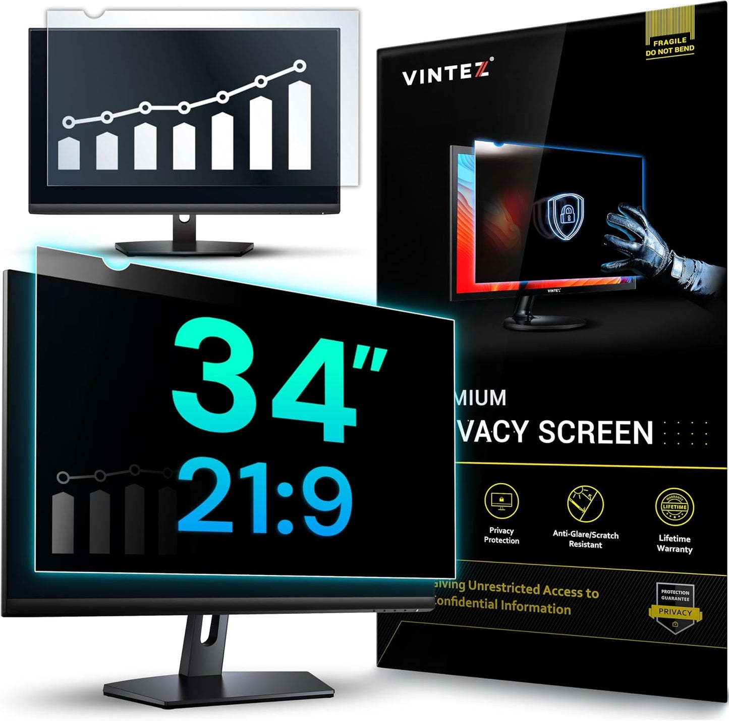 VINTEZ 34 Inch 21:9 Privacy Screen for Computer Monitor and Laptop - Anti Glare Protector Film Blue Light Filter Eye Protection - Computer Screen Privacy Shield, [1 Pack]