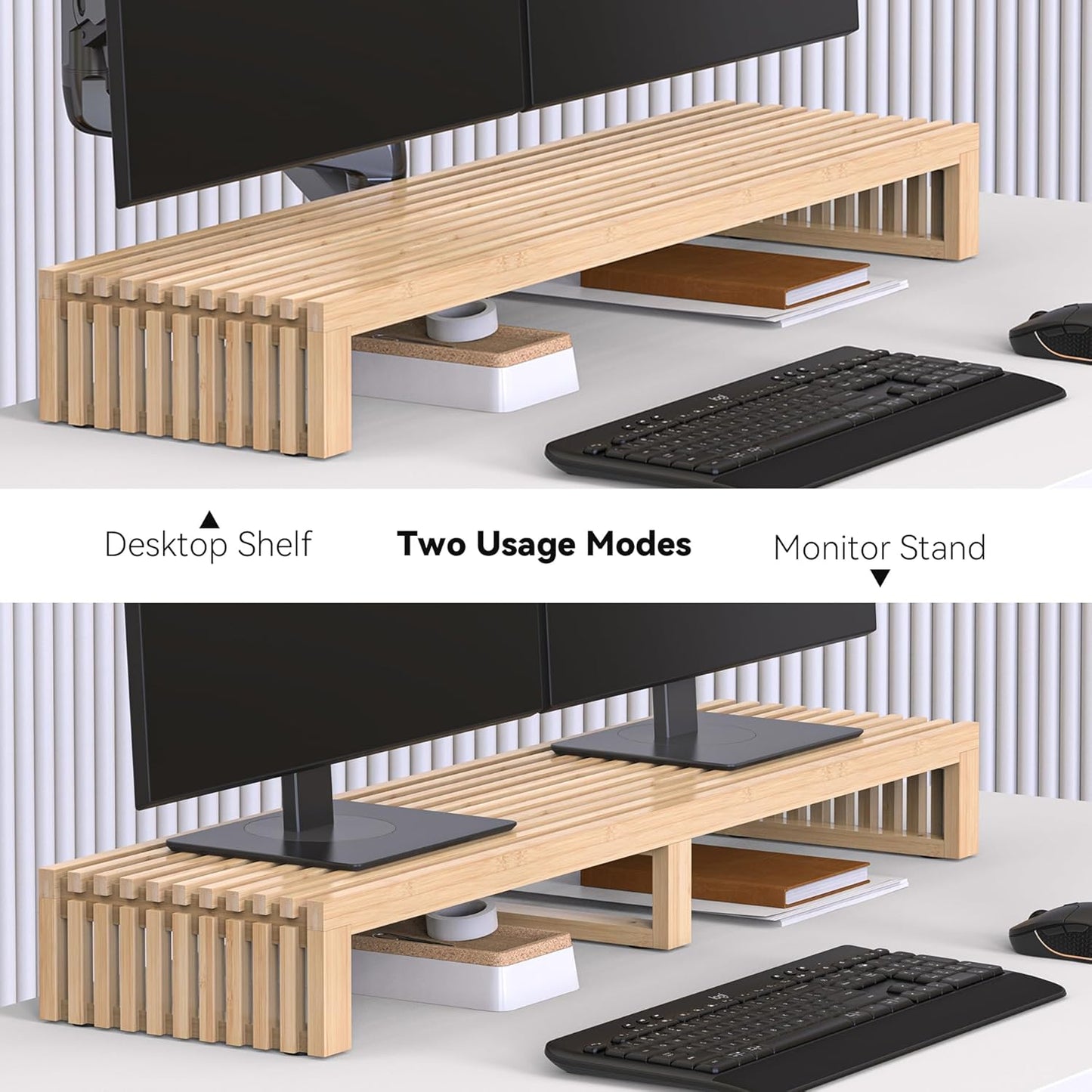 Dual Monitor Riser Stand with Airflow Vents for 2 Monitors, Double Computer Monitor Laptop Stand Grille Design, 3 Mins Assembly Farmhouse 39 inch Bamboo Desk Shelf Organizer (Natural)