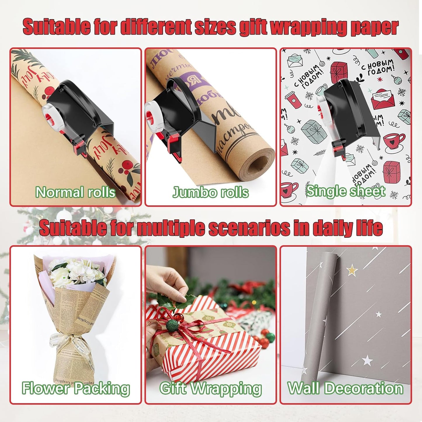 2-Pack Wrapping Paper Cutter & Tape Dispenser for Christmas Gift, Improve Gift Packaging Efficiency, Makes The Cutting line straighter, Cutting Tool with 4 Tapes，2 Replace Blades Kit, Red and Black