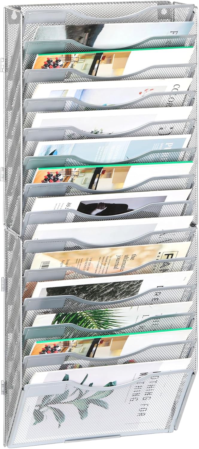 EasyPAG Wall File Holder Organizer 14 Pocket Mesh Hanging Wall Mounted Document Paper Folder Filing Magazine Rack with Nametag Label for Office Home School, Sliver